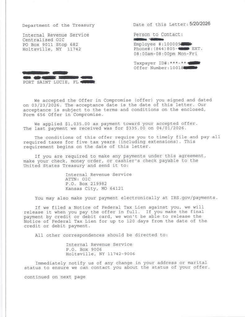 Real IRS Offer in Compromise Case Results (Florida Taxpayer)